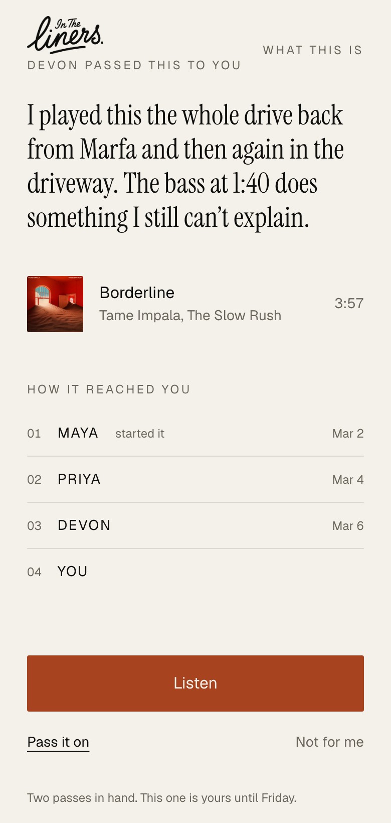 Receiving a song: the sender's note set large in serif, then the track, then every hand it passed through