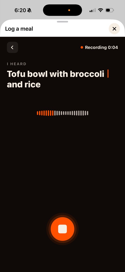 TrakMac logging a meal by voice: tofu bowl with broccoli and rice