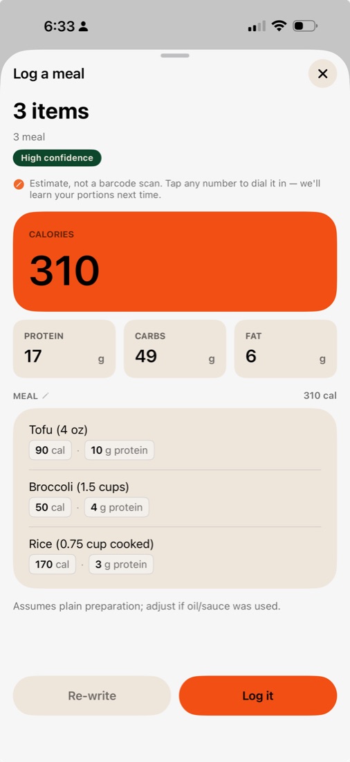 TrakMac estimate card: 310 calories, 17g protein, broken down by item